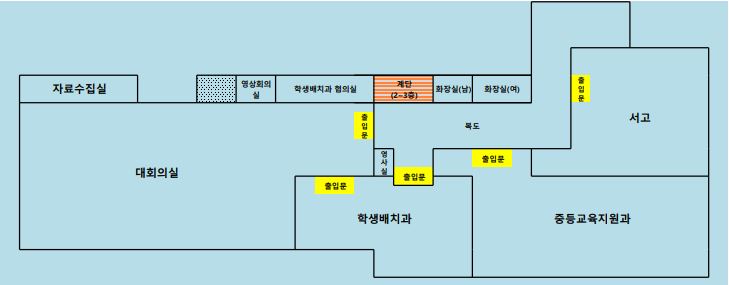 본청 3층에는 중앙계단을 중심으로 좌측에 대회의실이 있습니다. 우측에는 학생배치과, 중등교육지원과, 서고가 있습니다. 복도 맞은편에는 영상회의실, 학생배치과 협의실, 남자화장실, 여자화장실이 있습니다.  건물 뒤편에는 승강기가 있습니다